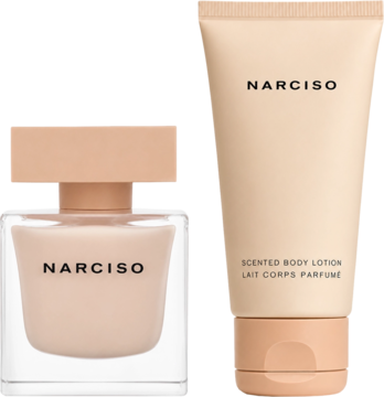 Zestaw Narciso Poudrée: beżowa butelka wody perfumowanej 30ml i tubka balsamu do ciała 50ml, widok z przodu.