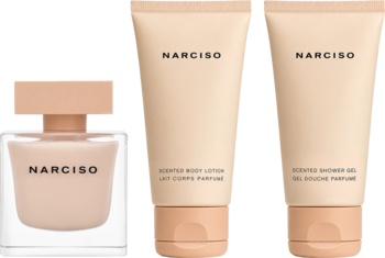 Zestaw perfum NARCISO Poudree: flakon wody perfumowanej 50ml, balsam 50ml, żel pod prysznic 50ml, nude.