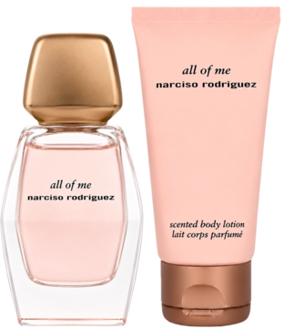 Zestaw prezentowy Narciso Rodriguez All Of Me: butelka EDP 50ml i różowy balsam do ciała 50ml, widok z przodu.
