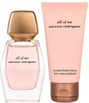 Zestaw Narciso Rodriguez All Of Me: perfumy 30ml w szklanej butelce i różowy balsam 50ml. Widok z przodu.