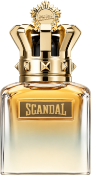 Scandal Pour Homme Absolu, męska woda perfumowana. Złoty flakon z koroną, napis "SCANDAL", widok z przodu.