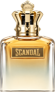 Scandal Pour Homme Absolu, złocisty flakon perfum z koroną, napisem 'SCANDAL', ujęcie frontalne.