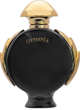 Perfumy Paco Rabanne Olympéa: czarna, okrągła butelka ze złotym napisem i skrzydłami, widok z przodu.