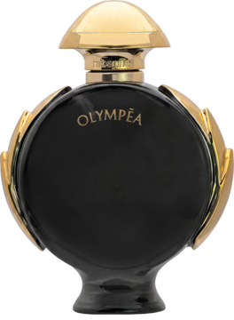 Perfumy Olympéa Paco Rabanne w czarnym, owalnym flakonie ze złotymi skrzydłami i detalami, widok z przodu.