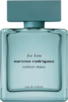 Błękitna, prostokątna butelka męskiej wody toaletowej Narciso Rodriguez For Him Vetiver Musc.