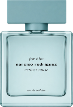 Błękitna woda toaletowa Narciso Rodriguez Vetiver Musc for him w kwadratowej butelce z jasnym korkiem, widok z przodu.