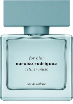 Błękitna butelka Narciso Rodriguez For Him Vetiver Musc Eau de Toilette, widok z przodu, męski zapach.