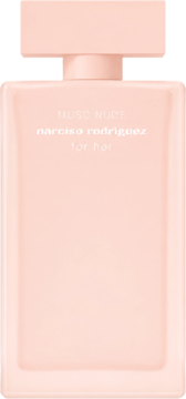Narciso Rodriguez For Her Musc Nude, wegańska woda perfumowana w jasnoróżowej butelce, widok z przodu.