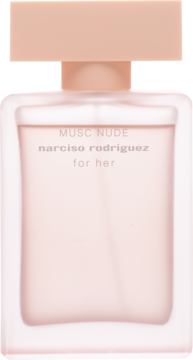 Woda perfumowana Narciso Rodriguez For Her Musc Nude, bladoróżowa butelka z beżową nakrętką, widok z przodu.