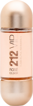 212 VIP Rosé Elixir: cylindryczny flakon perfum, różowo-złote detale, pionowy napis na jasnoróżowym tle, widok z przodu.
