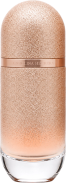 Flakon 212 VIP Rosé Elixir, rose gold z brokatową teksturą, banderola Carolina Herrera, widok z przodu.