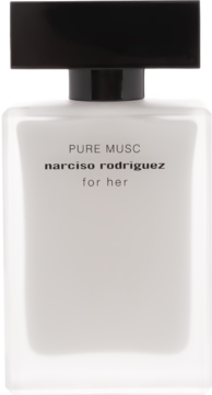 Biały flakon perfum Pure Musc For Her narciso rodriguez z czarnym korkiem, widok z przodu.