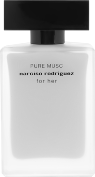Flakon Narciso Rodriguez Pure Musc For Her, biały, matowy, z czarną nakrętką, widok z przodu, zapach piżmowy.