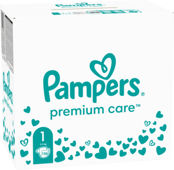Białe opakowanie pieluszek Pampers Premium Care rozmiar 1 (2-5 kg) z turkusowym logo i serduszkami, widok z przodu.