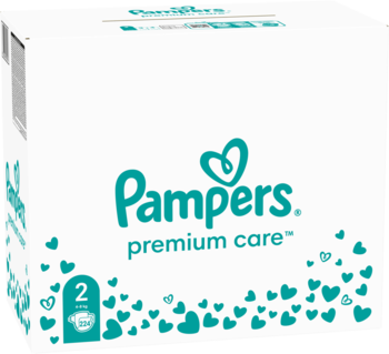 Pieluszki Pampers Premium Care, rozmiar 2 (4-8 kg), w białym opakowaniu z zielonym logo i sercami, widok z przodu.