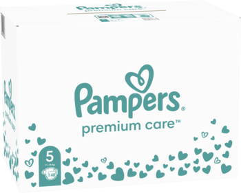Białe pudełko pieluszek Pampers Premium Care, rozmiar 5, z turkusowym logo i sercami, widok z przodu.