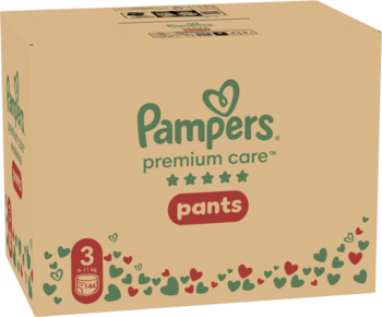 Kartonowe pudełko Pampers Premium Care Pants rozmiar 3, beżowe, z zielonym napisem i serduszkami.