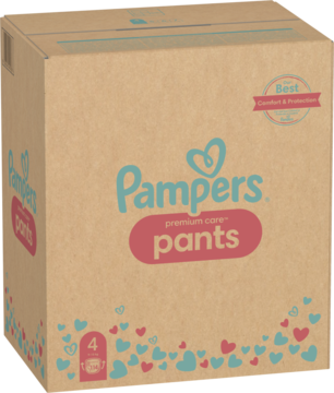 Brązowe, kartonowe opakowanie pieluchomajtek Pampers Premium Care Pants, rozmiar 4, 114 sztuk, widok z przodu.