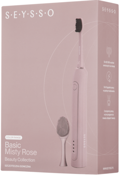 SEYSSO Basic Misty Rose: różowa soniczna szczoteczka 2w1 do zębów i twarzy w pudełku, widok z przodu.