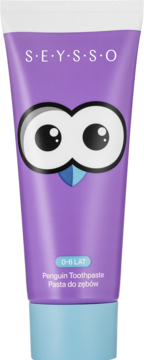 Seysso Penguin pasta do zębów dla dzieci 0-6 lat w fioletowej tubce z wizerunkiem oczu pingwina. Widok z przodu.