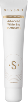 Biała tubka pasty Seysso Advanced Whitening, widok z przodu, ze złotymi napisami i logo S, Sonic Friendly.