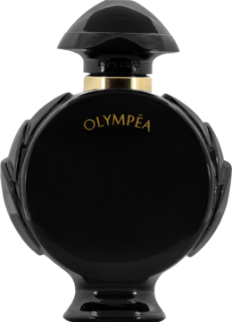 Czarna, okrągła butelka perfum Paco Rabanne Olympéa ze złotym napisem i rzeźbioną nakrętką, widok z przodu.