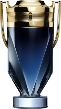 Męska perfuma Invictus w trofeum-podobnej butelce. Granatowe szkło z fasetami, złota nakrętka i uchwyty, widok z przodu.