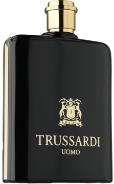 Trussardi Uomo, elegancki męski zapach, czarna butelka ze złotą zakrętką i logo, widok z przodu pod kątem.