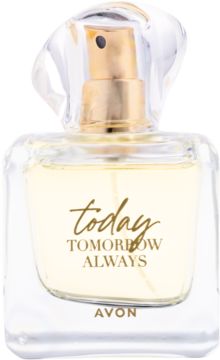 Flakon wody perfumowanej Today TTA Avon, klarowne szkło, złoty napis, bursztynowy płyn, widok z przodu.