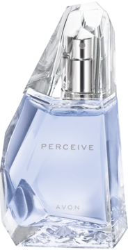Avon Perceive woda perfumowana w geometrycznej butelce z jasnoniebieskim płynem i kryształowym korkiem.