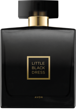 Frontalny widok czarnej, eleganckiej butelki perfum Avon Little Black Dress, kwiatowo-orientalny zapach.
