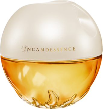 Avon Incandessence, okrągła butelka perfum, kremowa góra z napisem, złoty płyn, detal słońca, widok z przodu.