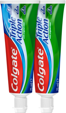 Dwie białe tubki pasty Colgate Triple Action 75ml, ochrona przed próchnicą, widok z przodu, z miętą.