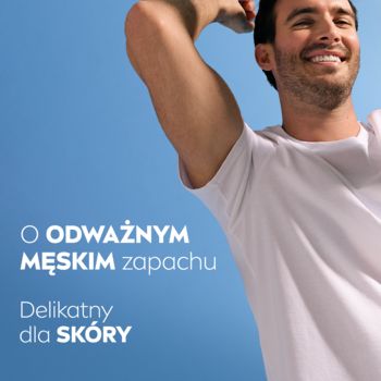 NIVEA MEN antyperspirant. Uśmiechnięty mężczyzna w białej koszulce z hasłami o męskim zapachu i delikatności dla skóry.