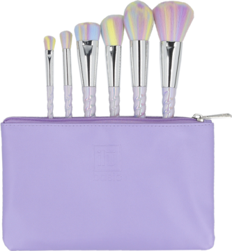 Zestaw 6 pędzli Ilū Basic z kolorowym włosiem stojących w fioletowym etui. Uchwyty jednorożca, srebrne skuwki.