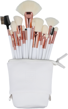 Duży zestaw Ilū Basic Set: biało-różowozłote pędzle wegańskie w teksturowanym, białym etui.