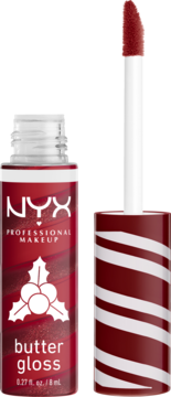 NYX Butter Gloss Swirl Peppermint. Czerwony błyszczyk z aplikatorem. Tubka z ostrokrzewem, nakrętka w paski.