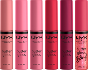 Zestaw sześciu błyszczyków NYX Butter Gloss w tubkach: odcienie różu, czerwieni i jeden brokatowy, widok z przodu.