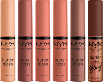 Zestaw 6 błyszczyków NYX Butter Gloss w różnych odcieniach nude i brokatu, widok z przodu.
