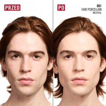 Rimmel Kind & Free Glow It Up, podkład nawilżający, przed i po użyciu, twarz mężczyzny, odcień 001.