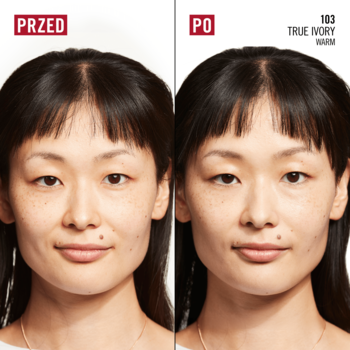 Kobieta, przed i po nałożeniu nawilżającego podkładu Rimmel Kind & Free Glow It Up w odcieniu 103 True Ivory.