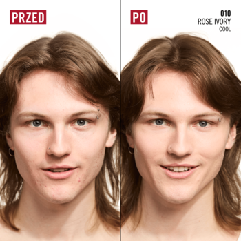 Matujący podkład Rimmel Kind & Free Blur It Out. Zdjęcie przed i po na twarzy, odcień 010 Rose Ivory Cool, ujednolicona cera.