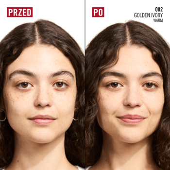 Kobieta przed i po: podkład Rimmel Kind & Free Blur It Out matuje cerę, zmniejsza pory i niedoskonałości.