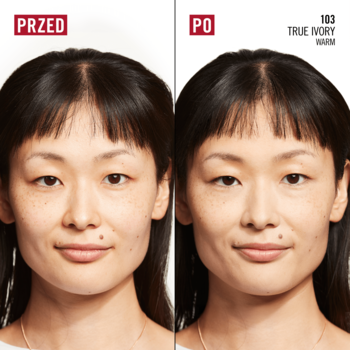 Twarz kobiety: przed i po aplikacji podkładu Rimmel Kind & Free Blur It Out 103 True Ivory Warm. Matowe, wygładzone wykończenie.