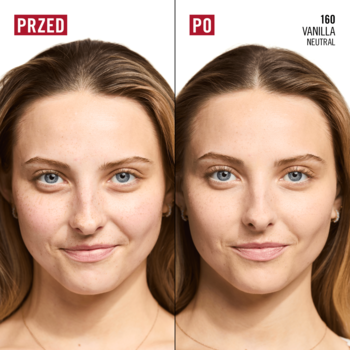 Porównanie twarzy kobiety przed i po aplikacji matującego podkładu Rimmel Kind & Free Blur It Out, ujednolicony koloryt.
