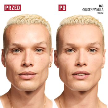 Rimmel Kind & Free Glow It Up, przed i po aplikacji podkładu Golden Vanilla Warm 163. Wyrównany koloryt skóry.