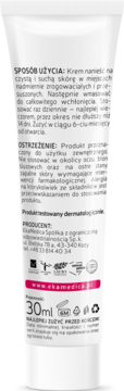 Tył białej tubki kremu EkaDerm 50% mocznika, z tekstem o sposobie użycia i ostrzeżeniami.