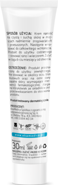 Tył białej tubki kremu z mocznikiem EkaDerm, z polskimi napisami o sposobie użycia i ostrzeżeniach, 30ml.
