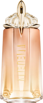 Perfumy Alien Goddess Supra Florale, złoto-brzoskwiniowa butelka z grawerem ALIEN, unikalna złota nakrętka. Widok z przodu.