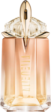 Alien Goddess Supra Florale woda perfumowana, złoto-różowa butelka z napisem ALIEN, kryształową koroną.